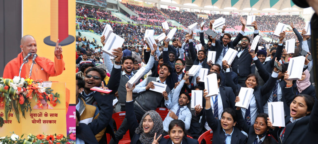 मुख्यमंत्री ने भारतरत्न अटल बिहारी वाजपेयी इकाना स्टेडियम में टैबलेट्स/स्मार्ट फोन्स वितरण योजना का शुभारम्भ किया