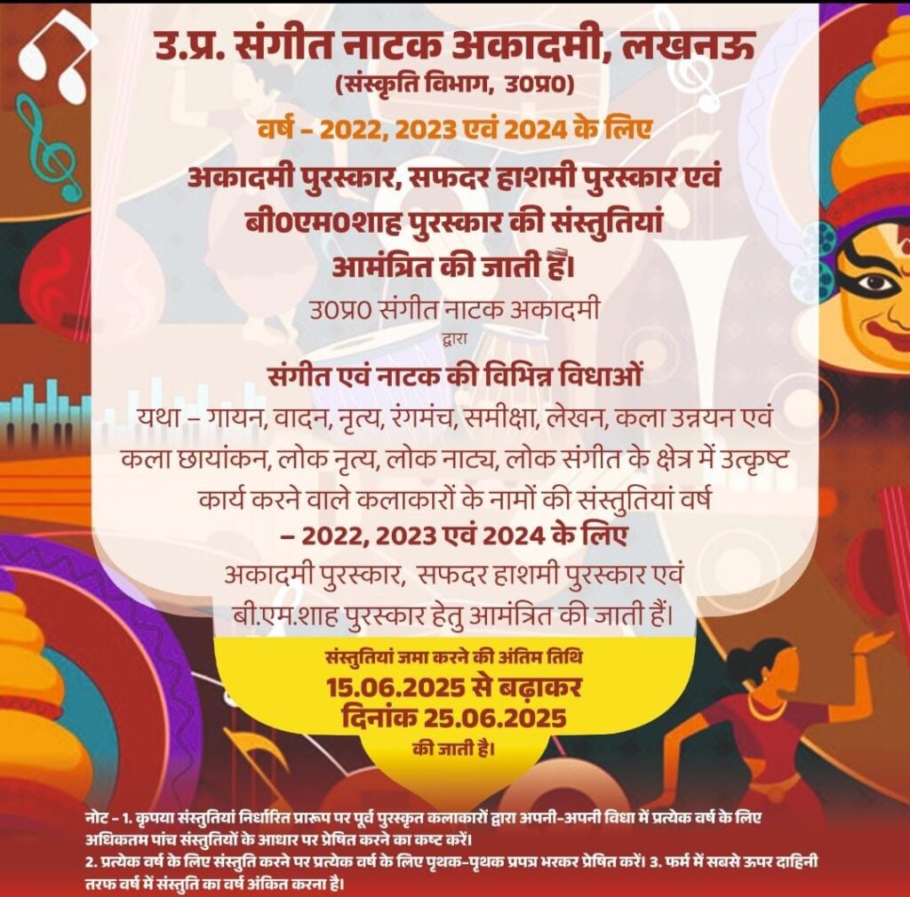 संगीत नाटक अकादमी अवॉर्ड के लिए संस्तुतियाँ को जमा करने की अंतिम तिथि बढ़ी