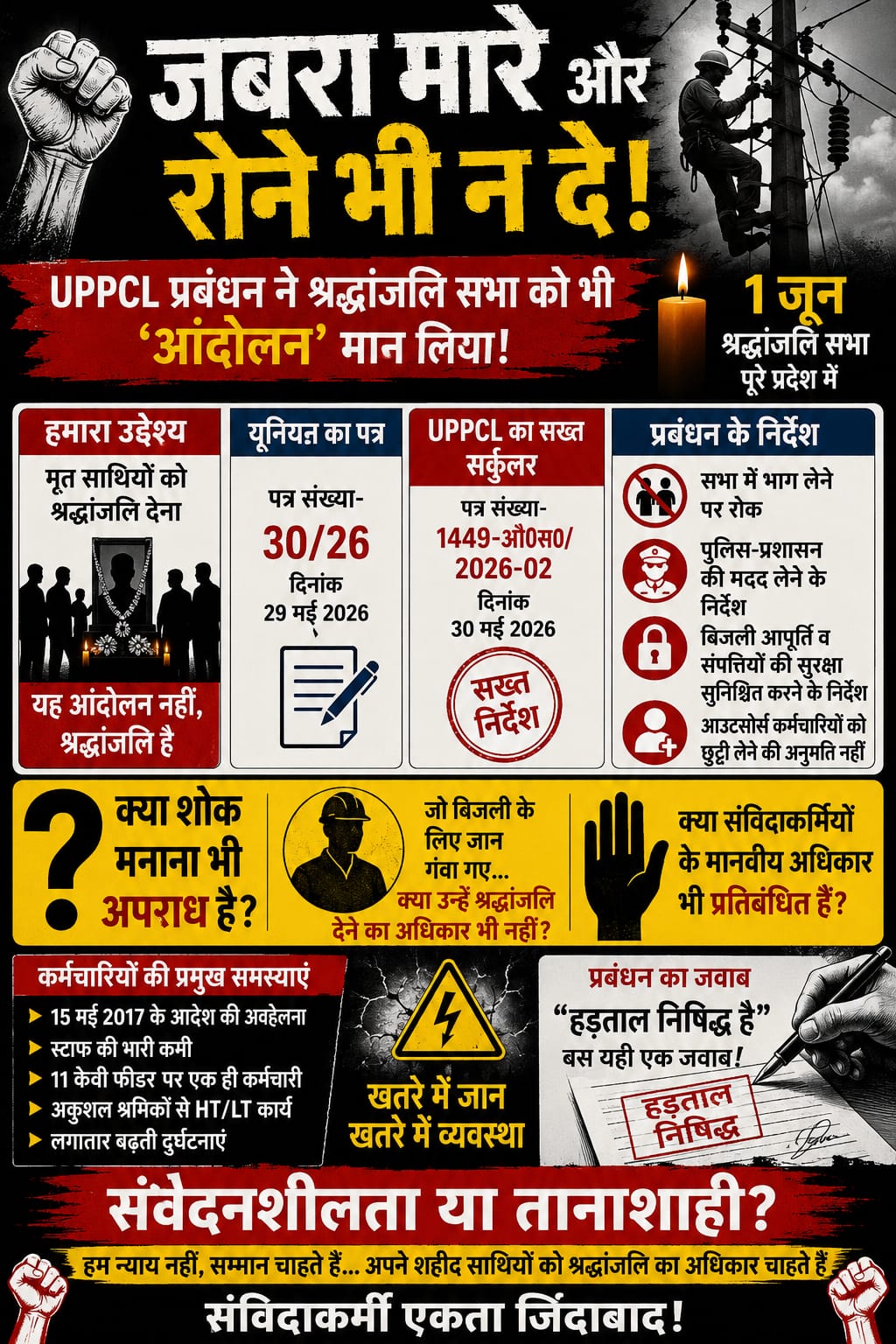 “जबरा मारे और रोने भी न दे: UPPCL प्रबंधन ने श्रद्धांजलि सभा को भी ‘आंदोलन’ मान लिया, आखिर यह तानाशाही कब तक?”
