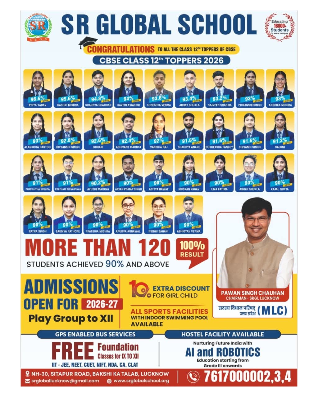 सीबीएसई परिणाम 2026 में एसआर ग्लोबल स्कूल का शानदार प्रदर्शन, एमएलसी पवन सिंह चौहान ने दी बधाई