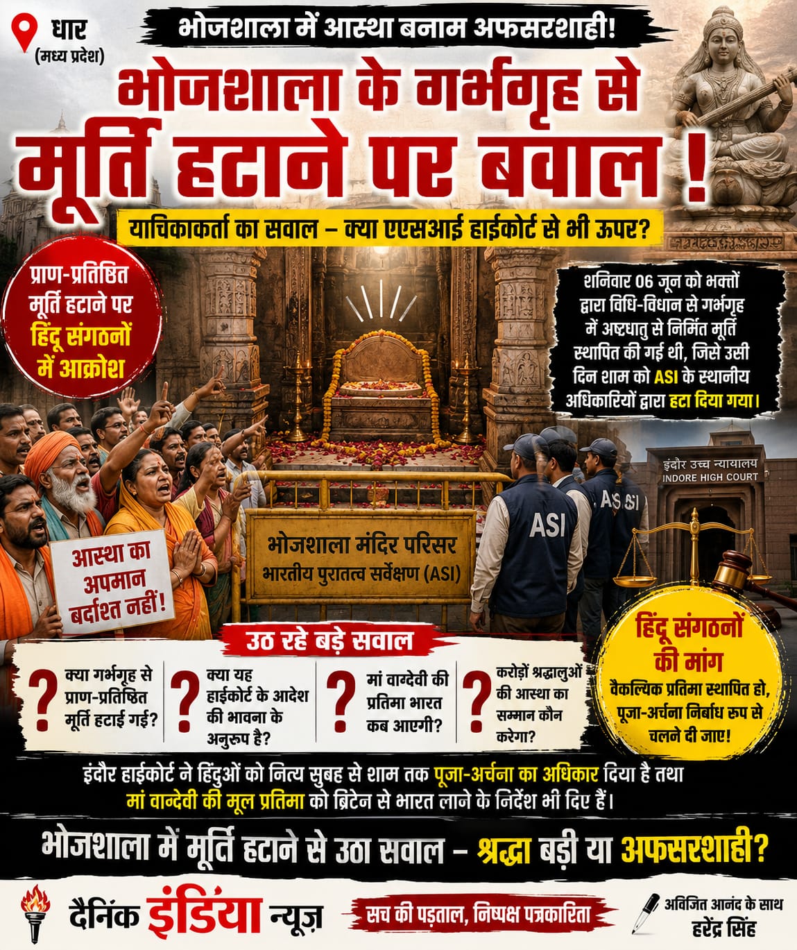 भोजशाला मंदिर से भक्तों द्वारा प्रतिष्ठित मूर्ति हटाने पर बवाल, याचिकाकर्ता ने पूछा— क्या एएसआई हाईकोर्ट से भी ऊपर?