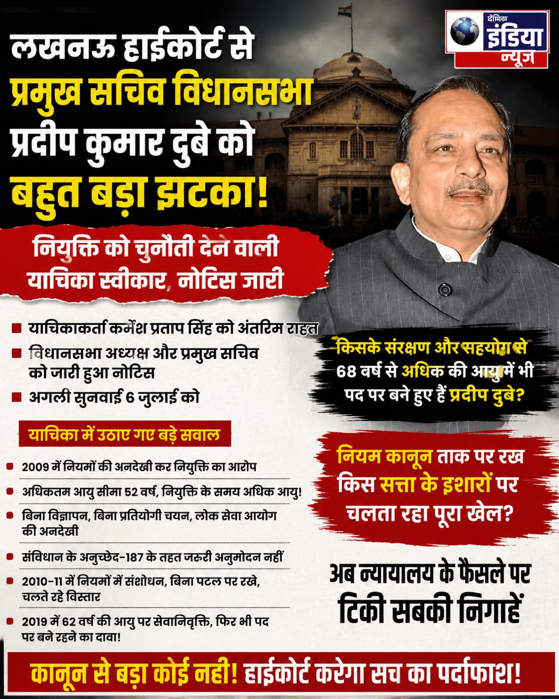 प्रमुख सचिव विधानसभा प्रदीप दुबे को बहुत बड़ा झटका