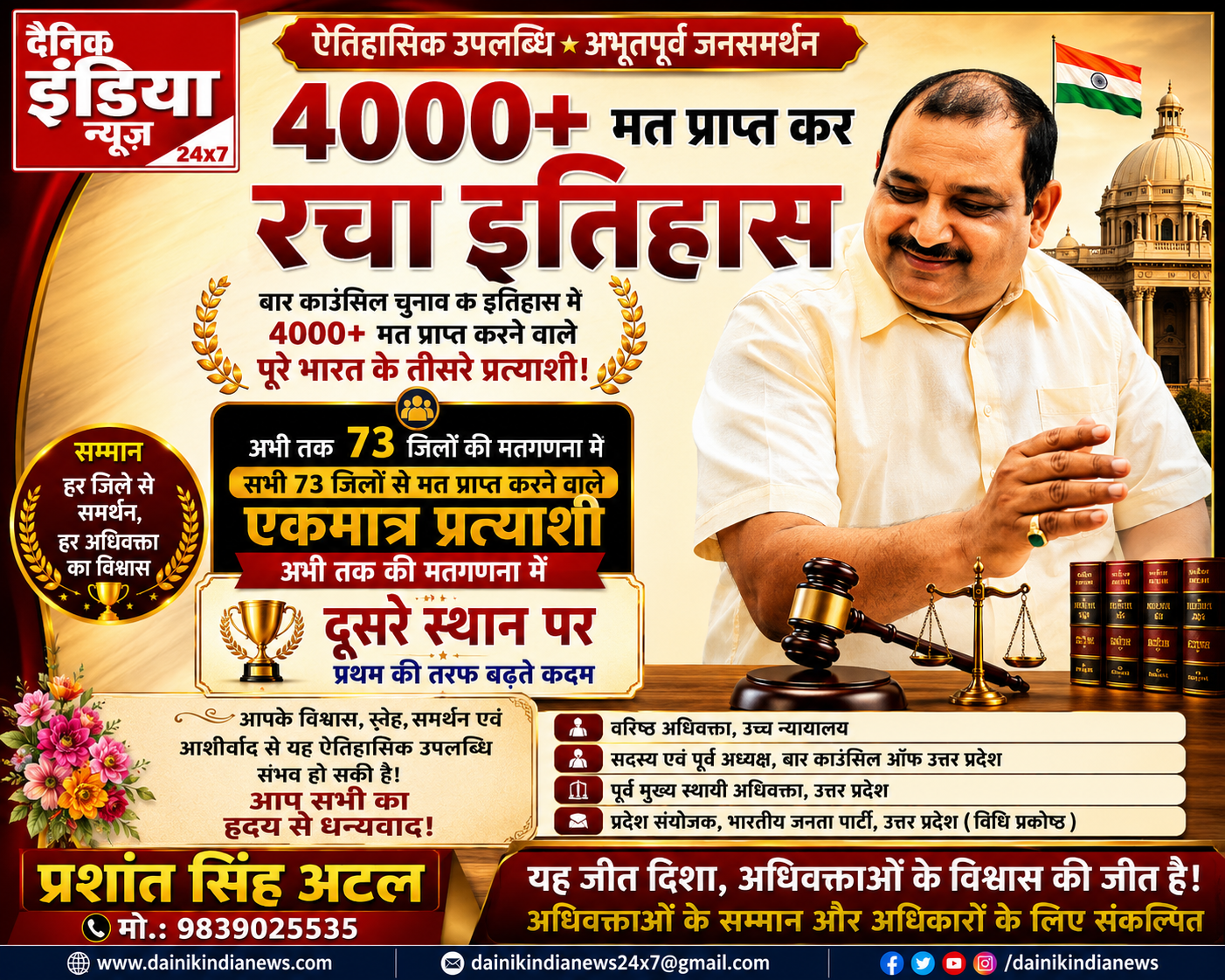 4000 से अधिक मतों के साथ प्रशांत सिंह अटल ने रचा इतिहास, बार काउंसिल चुनाव में देशभर में तीसरे स्थान पर पहुंचे