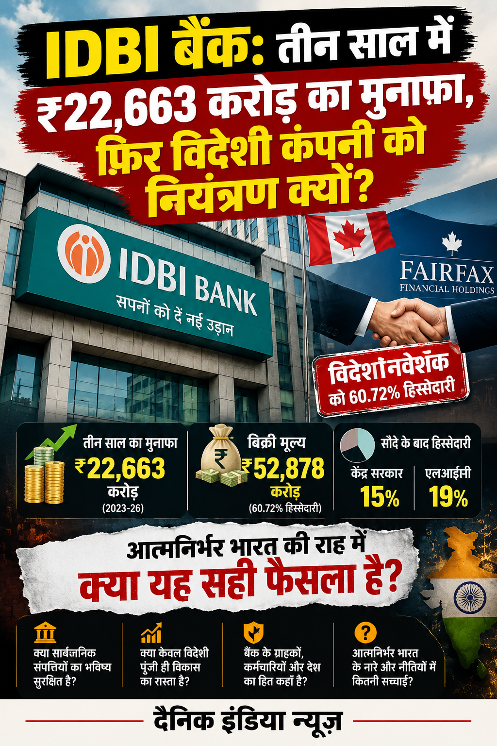 IDBI बैंक: तीन साल में ₹22,663 करोड़ का मुनाफा, फिर विदेशी कंपनी को नियंत्रण क्यों?